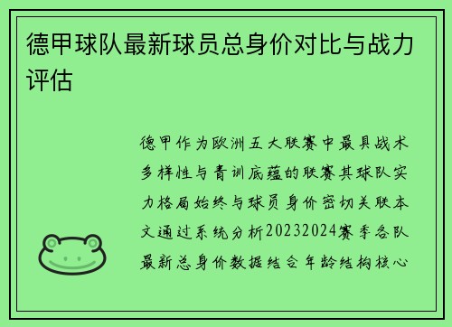德甲球队最新球员总身价对比与战力评估